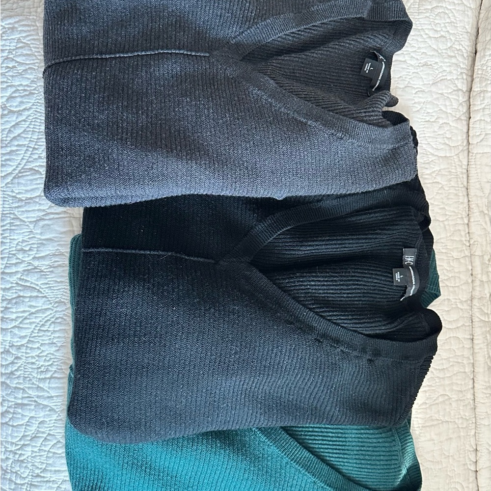 Set of Three (3) Women’s V-Neck Knit Sweaters - Black, Gray & Gray